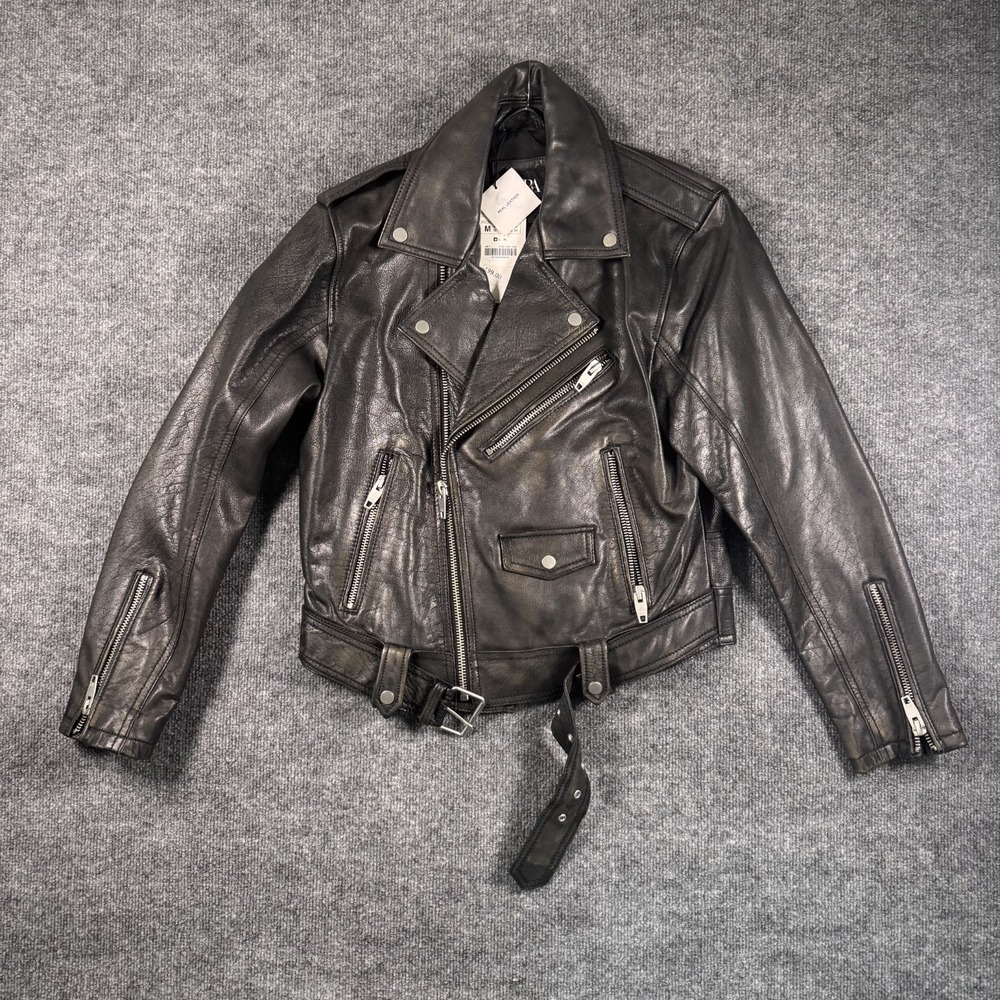 Zara Man 100% Leather Biker Motorcycle Black Riding Jacket - Men's med